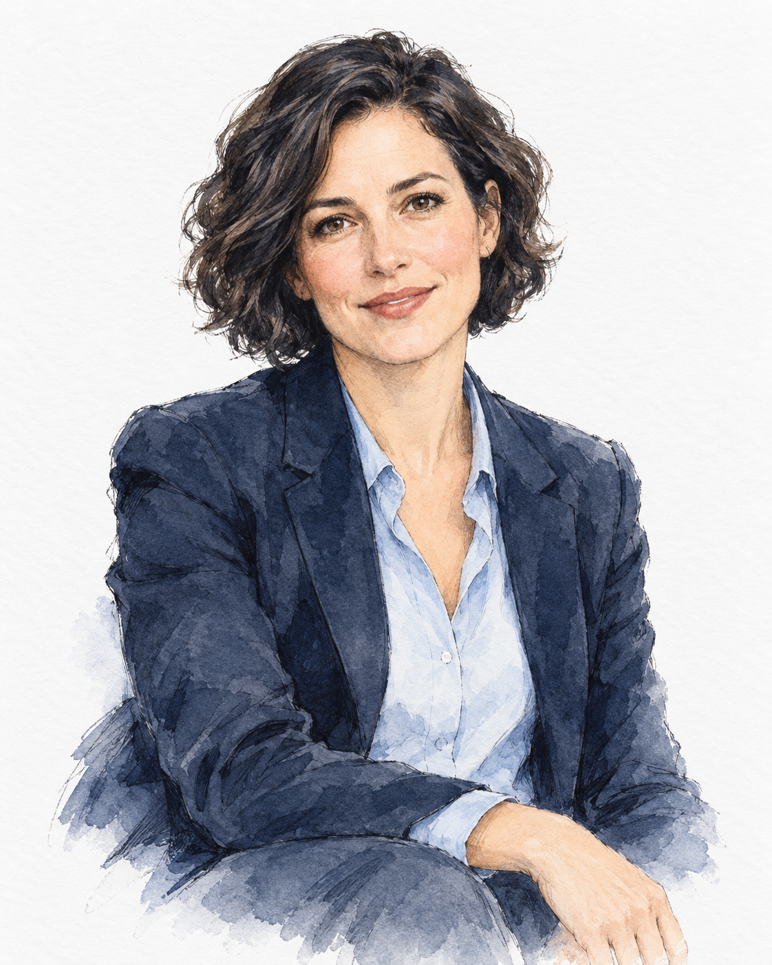 Original ink and watercolor portrait of Alex Morgan, an entirely fictional person, wearing a navy jacket and a pale blue shirt.
