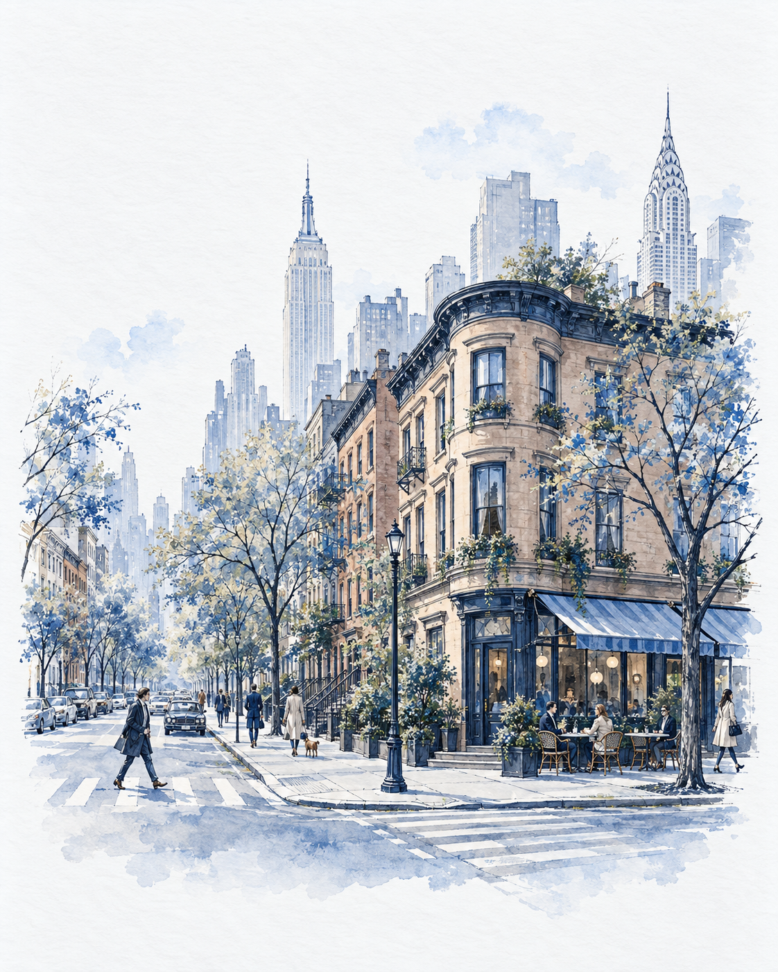 An original navy ink and watercolor illustration of a New York corner building, a sidewalk café, and the city skyline.